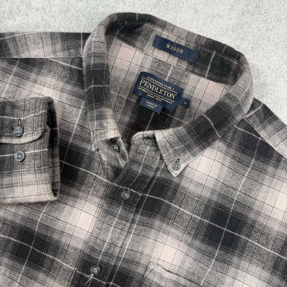 Pendleton Mason Shirt Mens Large Grey Plaid Button Down Long Sleeve Flannel